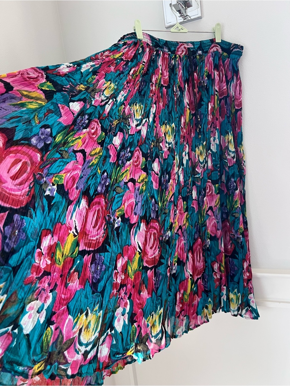 Classic Pleated Floral Maxi Skirt - Teal, Pink & Purple Accents